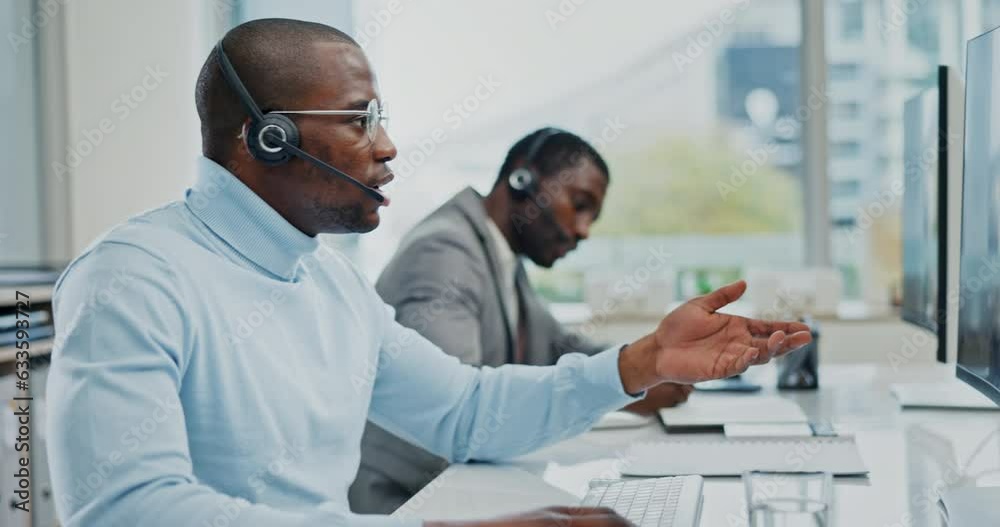 Aufkleber call center consultation, computer video call and black man explain loan service, help desk or techn