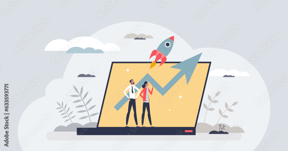 Wall mural Productivity and effective work with results development tiny person concept. Successful profit raising and business boost with earnings vector illustration. Increase growth with efficiency effort.