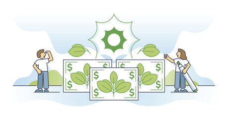 Socially responsible investing for environmental projects outline concept. Nature friendly and green business investing vector illustration. Ecological project financial support. Sustainable economy.