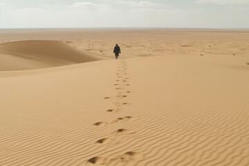 Fototapeta na wymiar A lone Arab gracefully traversing the Sahara's beautiful, vast landscapes. (Generative AI)