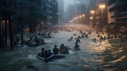Floods overwhelm city, forcing mass evacuation. - obrazy, fototapety, plakaty