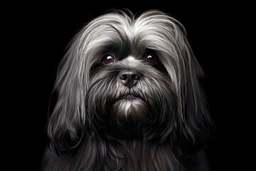 Naklejka na ściany i meble Groomed black Lhasa Apso with captivating gaze. Studio portrait of a stylish dog.