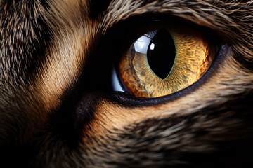 Close-up of a glossy brown cat's intense gaze. Beautiful feline attention.