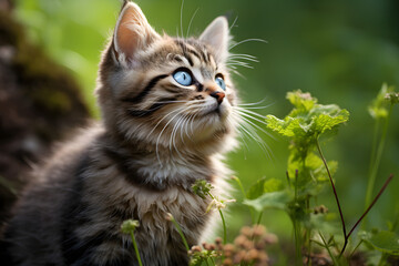 Naklejka na ściany i meble tabby kitten in the garden