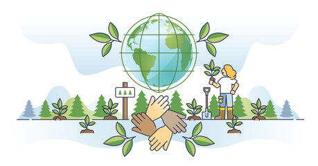 Corporate social responsibility, CSR as sustainable business outline concept. Organization management with fair, honest and ethical strategy and principles vector illustration. Environmental unity. - obrazy, fototapety, plakaty