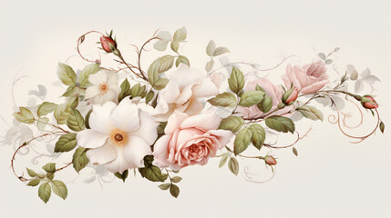 Angle border with branch of rose with white flowers