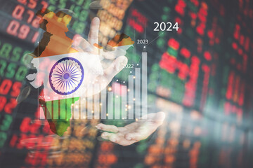 Stock market investment trading financial.  India flag to analyze profitable business finance trend data background