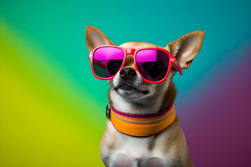 Fototapeta na wymiar colourful funny portrait of Chihuahua dog wearing sunglasses