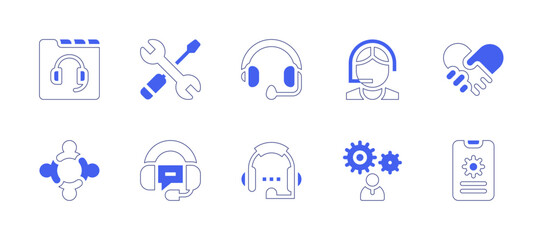 Support icon set. Duotone style line stroke and bold. Vector illustration. Containing support, service, headphones, telemarketer, fair, trade, team, headphone, management, technical.