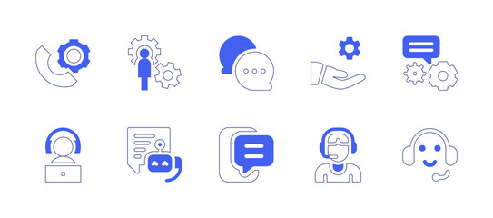 Support icon set. Duotone style line stroke and bold. Vector illustration. Containing customer, service, gear, chat, sharing, detailed, online, support, call, center.