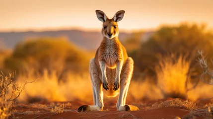 Fotobehang kangaroo Red kangaroos stand up in the meadows of the Australian outback. © sirisakboakaew