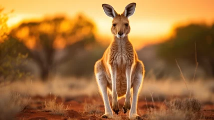 Tuinposter kangaroo Red kangaroos stand up in the meadows of the Australian outback. © sirisakboakaew