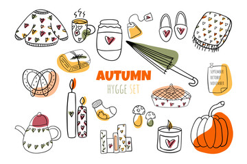 Autumn doodle hygge set. Cozy autumn atmosphere