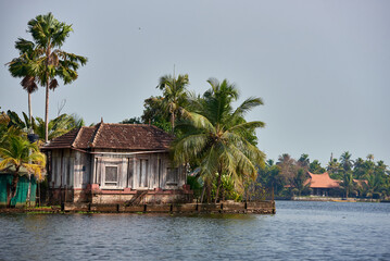 backwaters house of Kerala, surrounded by palm trees