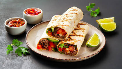 Burritos wraps with beef and vegetables on black background. Beef burrito, mexican food.