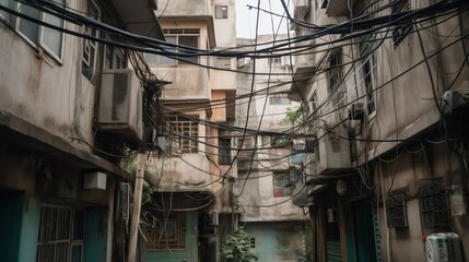 Obraz premium Unfinished concrete buildings and electrical wires