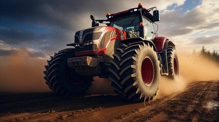  A big powerful wheeled tractor pulls the field.