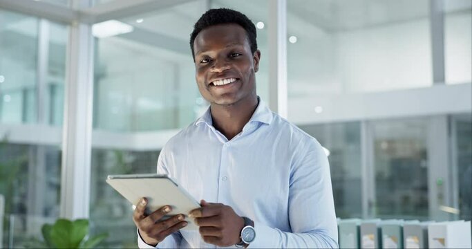 Office tablet, research and black man happy for administration project, company data or online growth statistics. Manager job, corporate portrait and African person smile for ecommerce web report