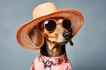 portrait of dachshund wearing sunhat and sunglasses