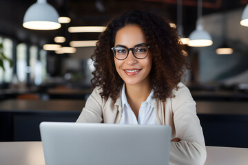 Portrait of a beautiful diverse female professional wearing glasses using a laptop