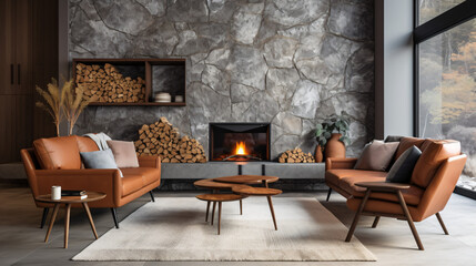 Brown leather chairs and grey sofa in room with fire place