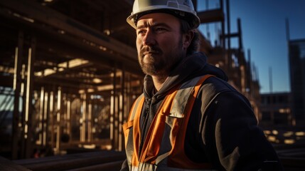Obraz premium construction worker on the construction site Works with concrete and wood.