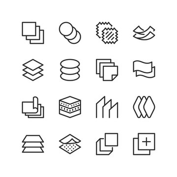 Layers of material, linear style icons set. Multilayer. Layered material, structure and properties. Editable stroke width