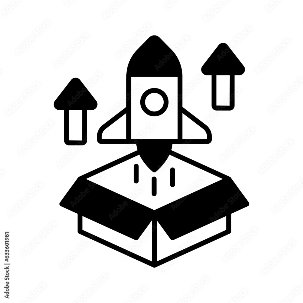 Wall mural Box with rocket showing product release concept vector, business startup icon