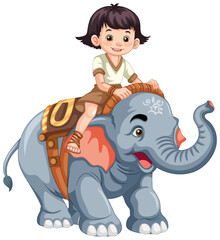 Little Girl Riding Elephant in Cartoon Style