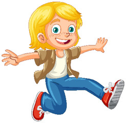 Urban girl wearing hoodie jumping cartoon character