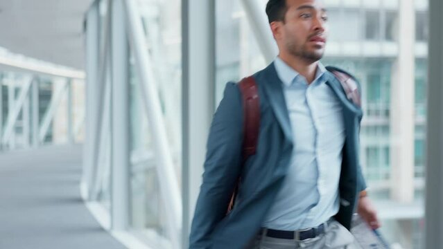 Travel, chaos and business man running in an airport late for boarding, flight or departure. Rushing, crisis and Japanese male traveler with stress or delay anxiety, problem or schedule disaster