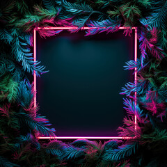 Winter neon cyber conifer frame, Christmas tree flat lay background with copy space.