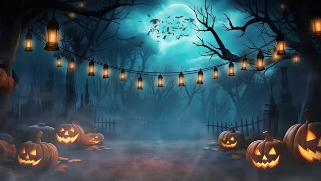 halloween night decorative with bat and moon background. seamless looping time-lapse virtual video animation background.