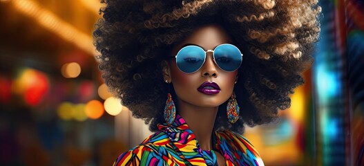 Modern beauty. young model, cheerful smile, stylish afro hair, vibrant colors. Celebrate cultural diversity.