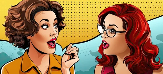 Poster Stylish retro comic art. Women gossip, expressive faces, dynamic speech bubble. Trendy pop design © Postproduction