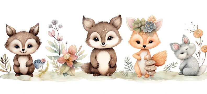 Sweet watercolor set. cartoon baby forest animals, intricate floral design. Great for cards, decor, posters. Concept of delightful woodland illustration.