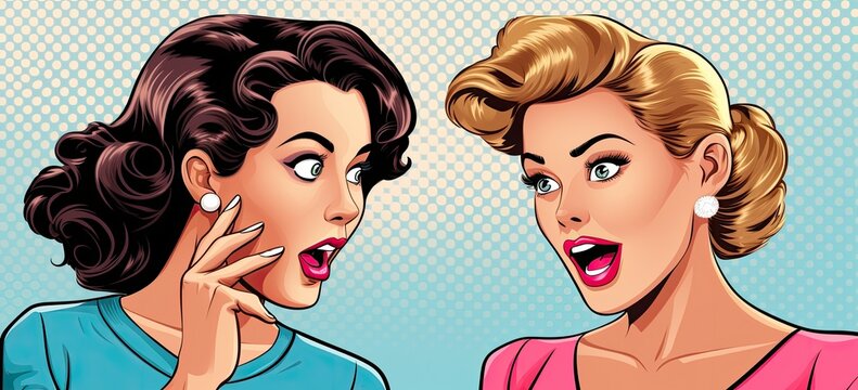 Vintage comic illustration. Two women gossip, expressive faces, dynamic speech bubble. Pop art design. Concept of communication and excitement.