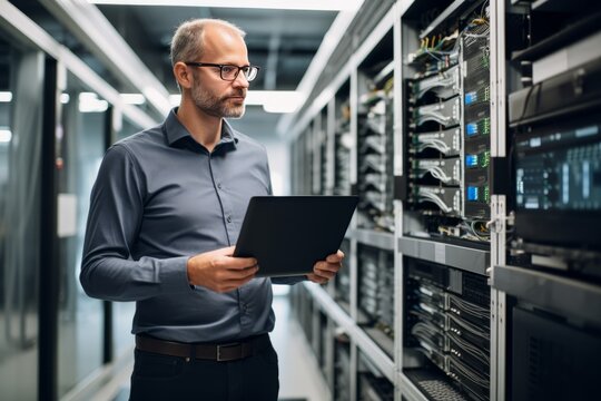 Male IT Specialist Holds Laptop and Discusses Work with colleague at the Data centre server room