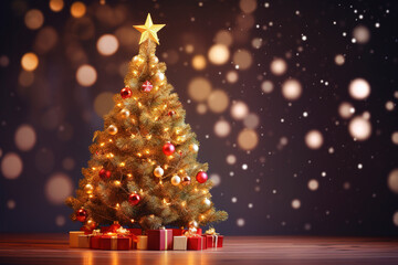 Decorated Christmas tree on blurred background