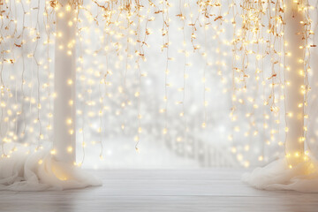 Small light decorations hang on curtain fabric with blurred bokeh background