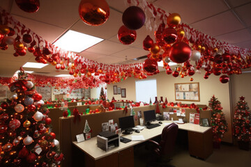 Christmas decorations in an open office space with a Christmas tree and balls.