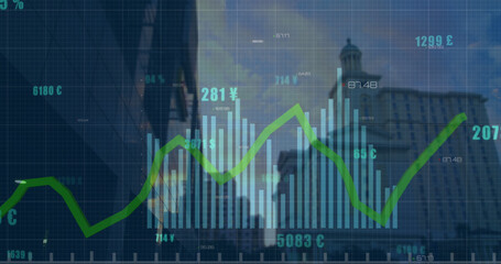 Animaton of statistical data processing against aerial view of cityscape