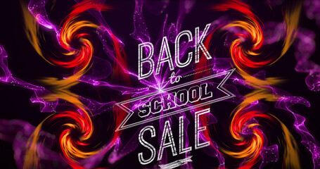 Image of back to school over yellow flame spirals, purple shapes and black background
