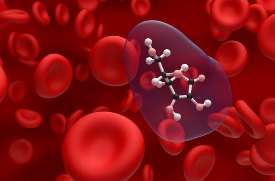 Vitamin c (ascorbic acid) structure in the blood flow – ball and stick closeup view 3d illustration