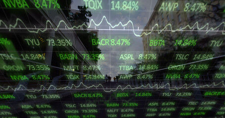 Image of financial data processing over cityscape