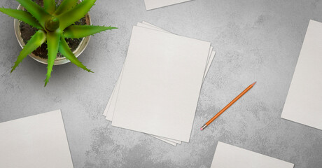 desk with office items with a white sheet of paper in the middle, pencils, a plant and a cup of...