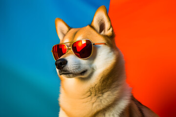 colourful portrait of Shiba Inu wearing sunglasses