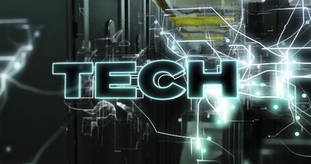 Image of tech text and data processing over computer servers