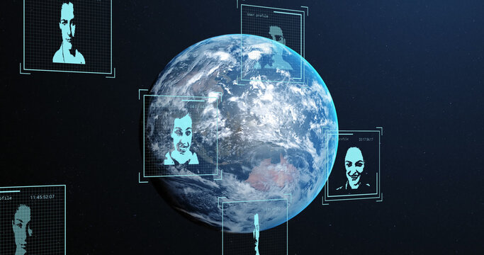 Image of biometric photos and data processing over globe - Powered by Adobe