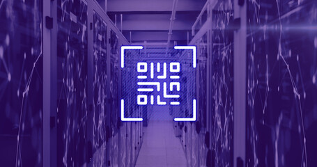 Image of neon qr code over server room in violet - Powered by Adobe
